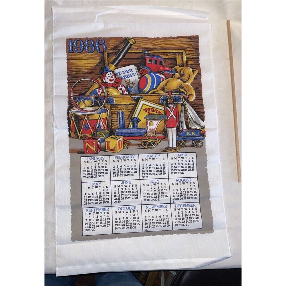 1986 Cotton Calendar Kitchen Tea Towel Toy Chest Clown Drum Soldier Teddy Bear